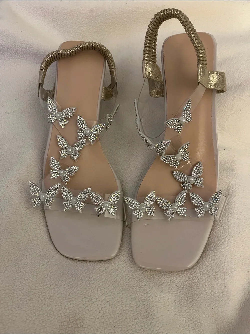 Crystal Butterfly Embellished Nude Slingback Square Toe Block Heels